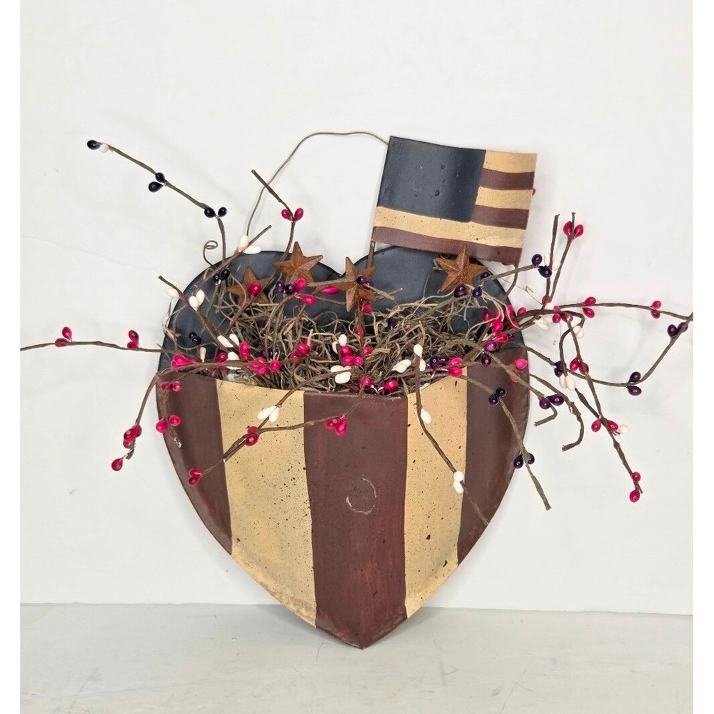 Primitive Rustic Americana Striped Metal Heart Shaped Wall Pocket with Berries